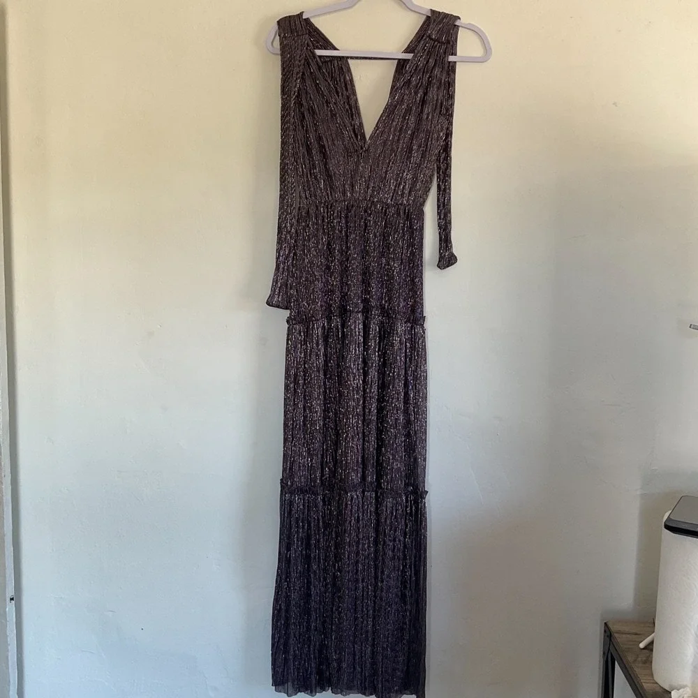Sabrina Musayev Dress Shimmer Tiered‎ Black Elegant Maxi Metallic Designer Small